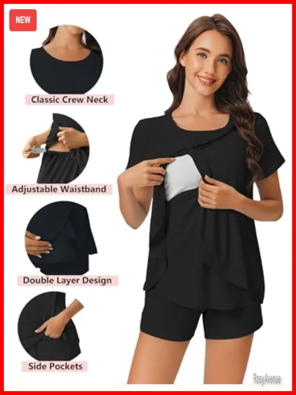 3-Piece Maternity Nursing Pajama Set - Short Sleeve Tee, Shorts, Pants